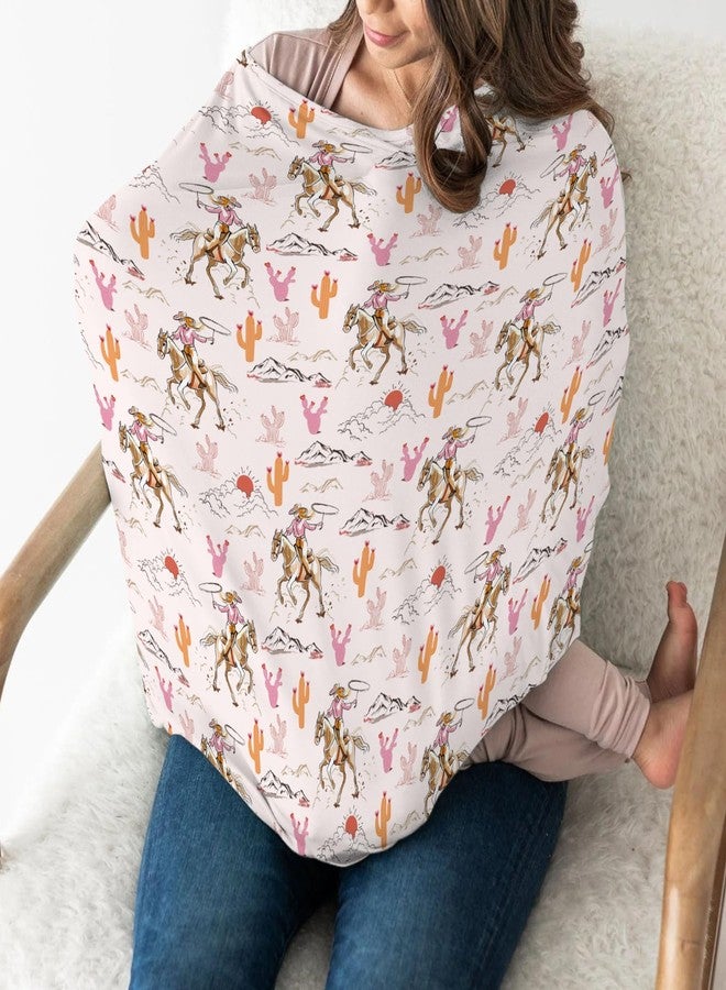 ZoUbqchY Cute Pink Cowgirl Car Seat Cover for Baby Western Cowgirls Horse Cactus Mountain Sunset Stretchy 5-in-1 Covers Adjustable Infant Carseat Canopy Cover Wild West Desert Breathable Nursing Cover-Up - Image 3
